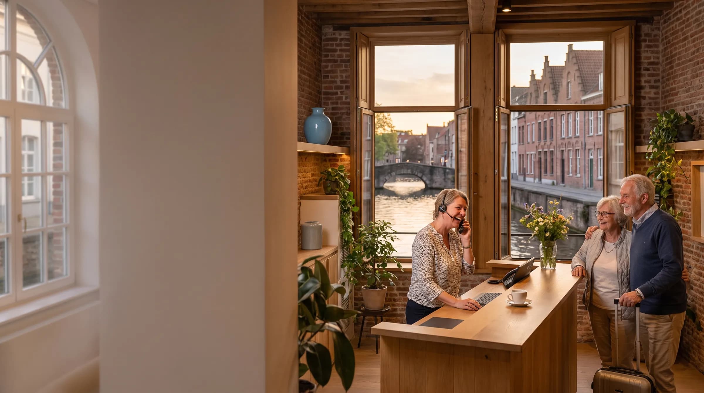 Een receptioniste lacht aan de telefoon aan de balie van een familiehotel in Brugge, een ouder koppel met koffer wacht, buiten een rei met een stenen brug en trapgevels