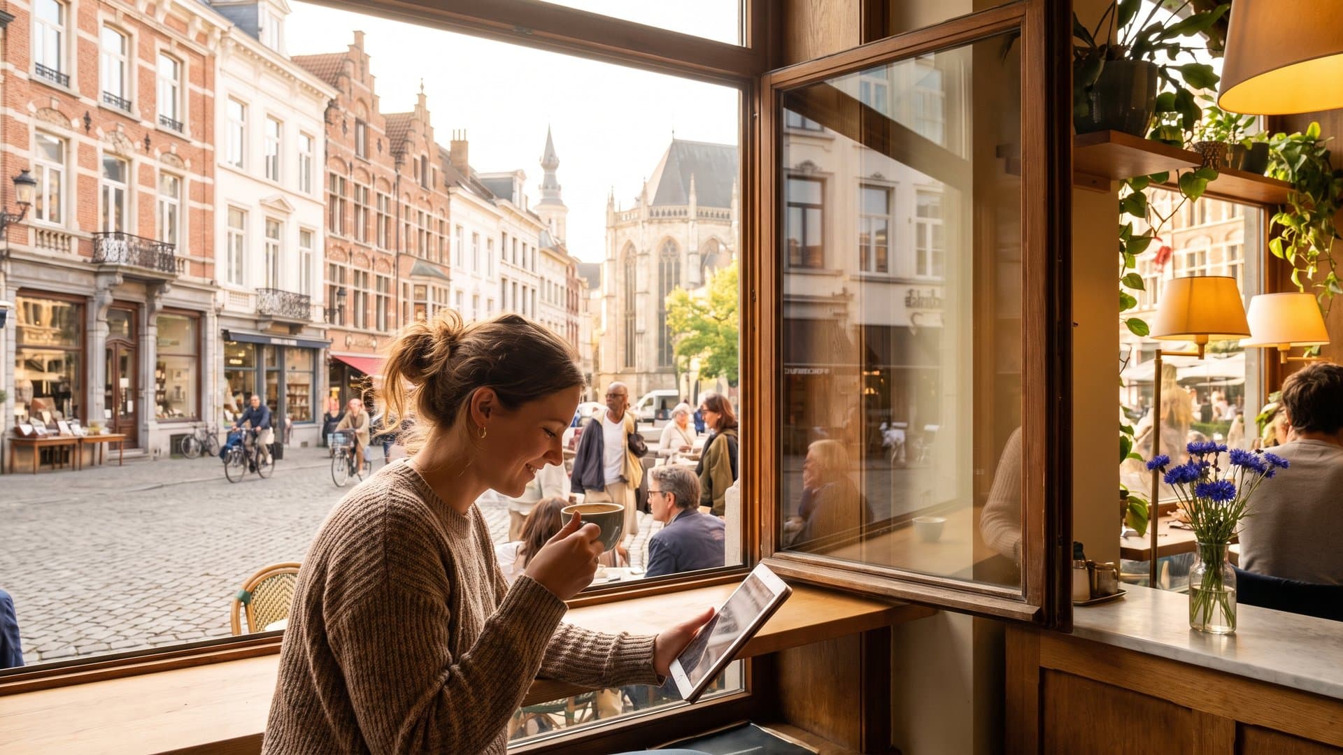 Een vrouw leest een artikel op haar tablet in een gezellig café