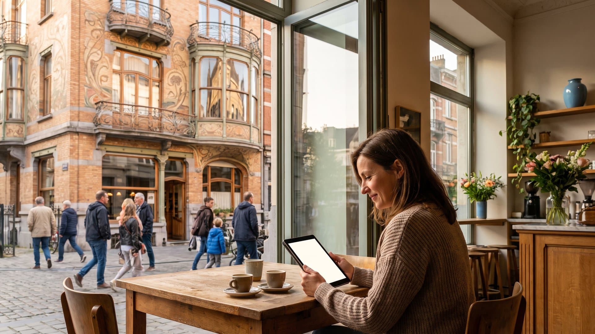 Een ondernemer vergelijkt twee opties op een tablet op een terras