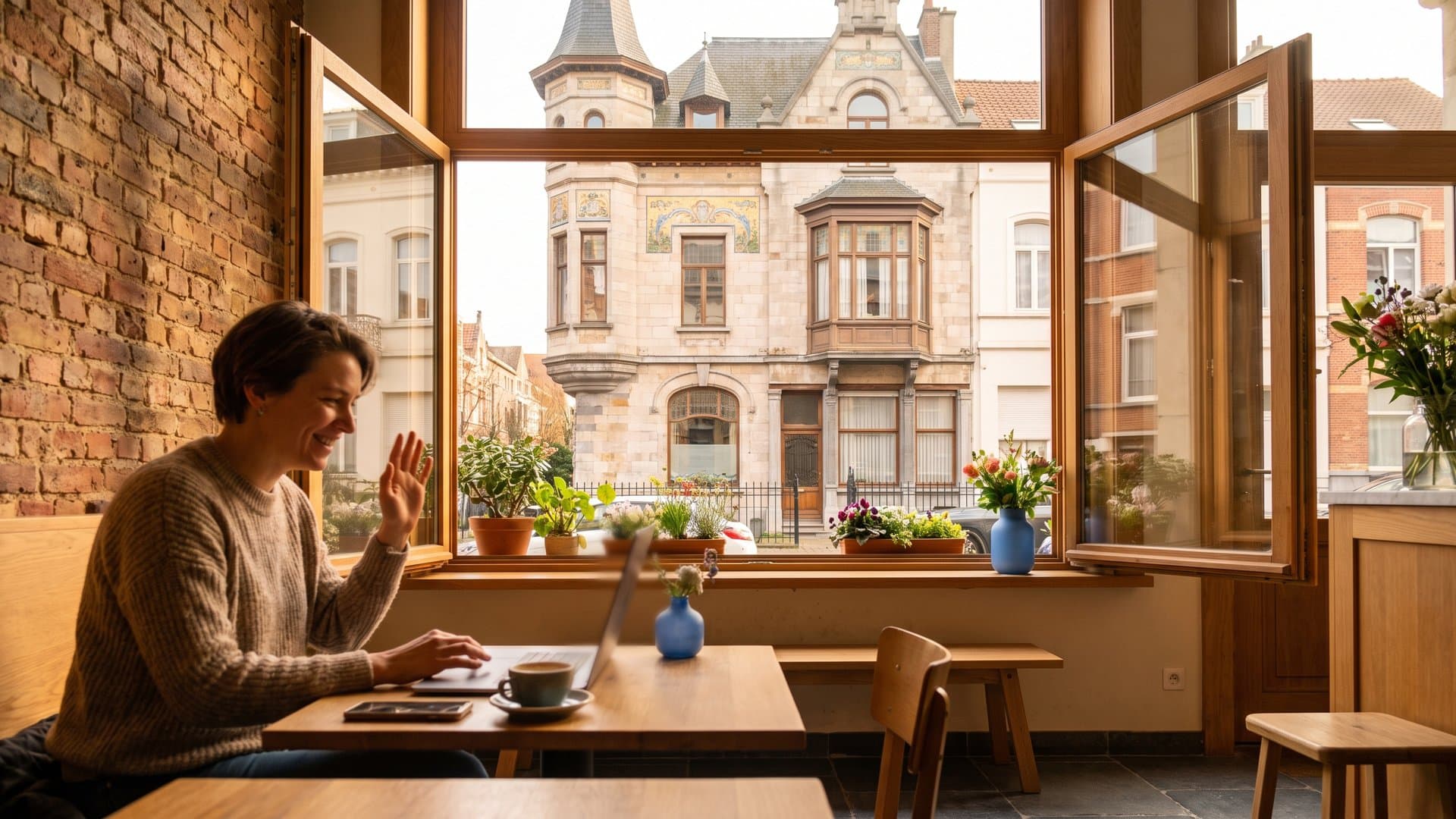 Een tafel bij een open raam met laptop, telefoon en een kopje koffie