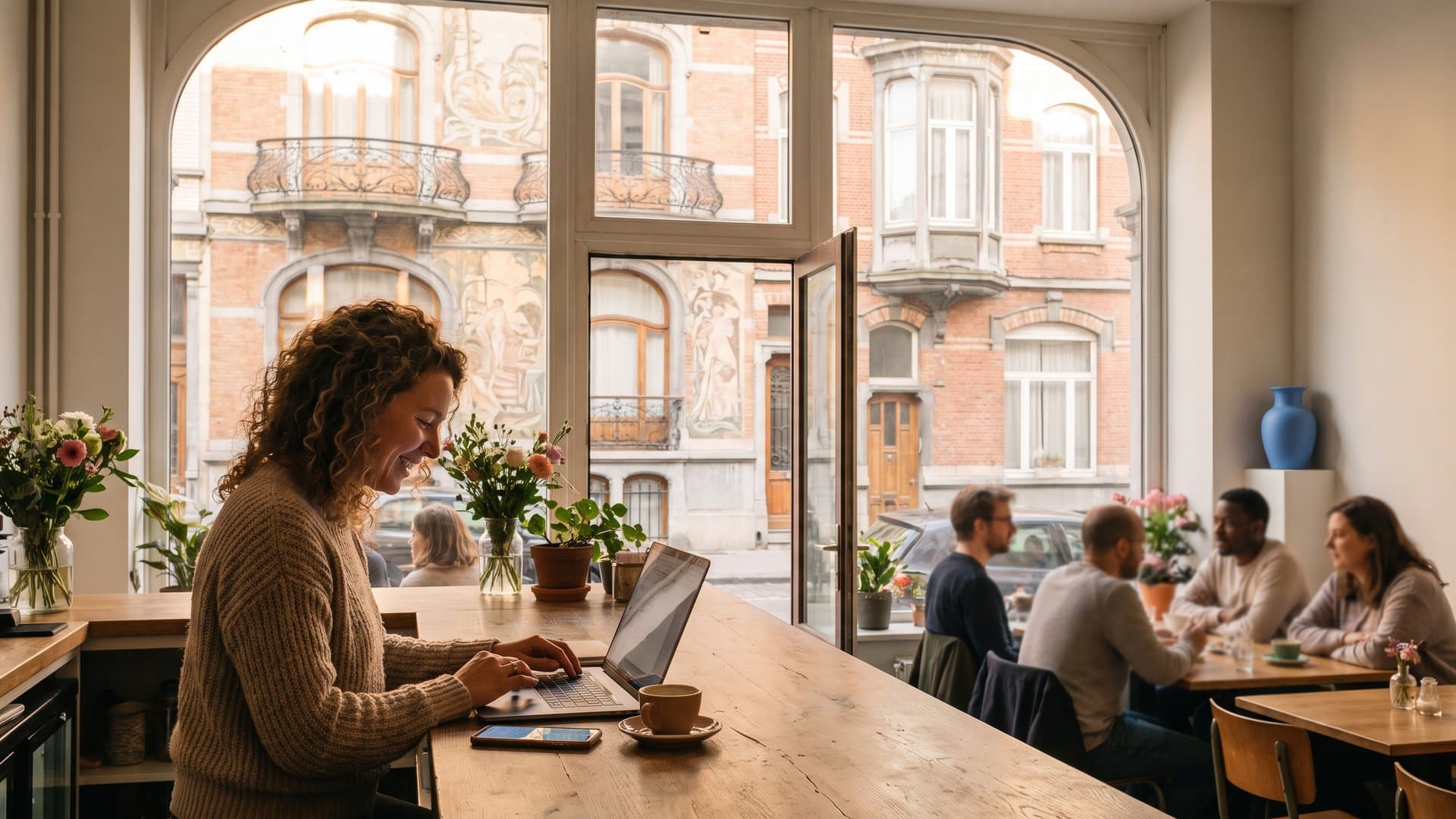 Een café-eigenares stelt haar laptop in terwijl haar telefoon oplicht