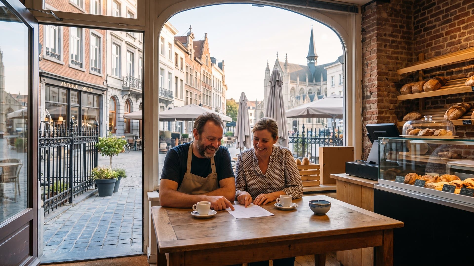 Een stel met een kleine bakkerij bekijkt bij de koffie een eenvoudig plan